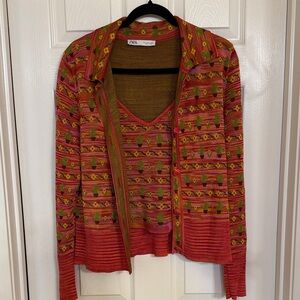 Zara Women's Red and Green Patterned Cardigan Set